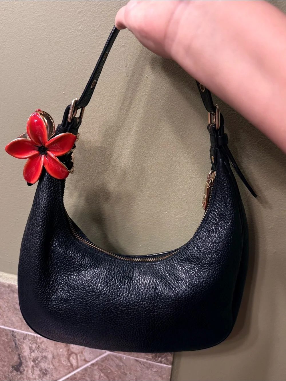 Coach Black Pebbled Leather Shoulder Bag with Red Flower Charm